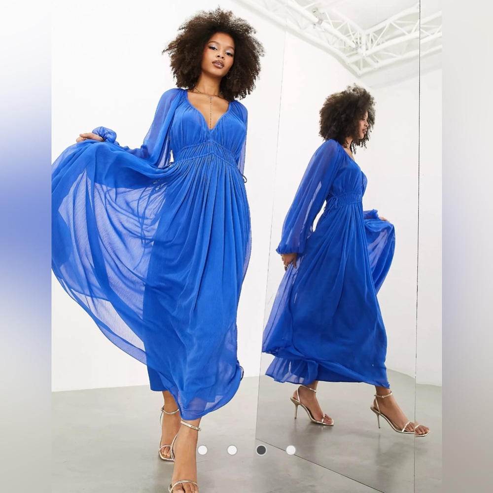 ASOS EDITION ruched gathered waist chiffon maxi dress in bright blue